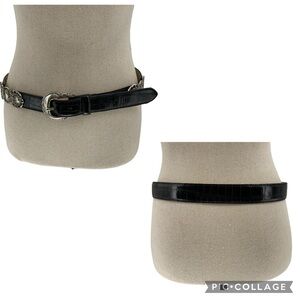 Fossil Black Croco Embossed Cowhide Belt Scrolled Silver Tone Accents/Buckle - L